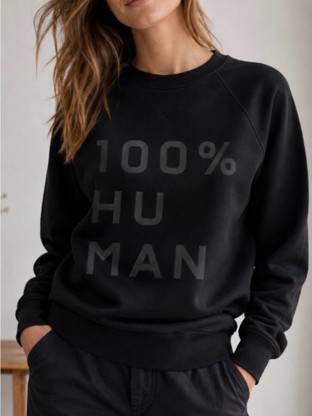 Everlane 100% Human Sweatshirt Black Crew Neck Graphic Sz XXS Minimalist